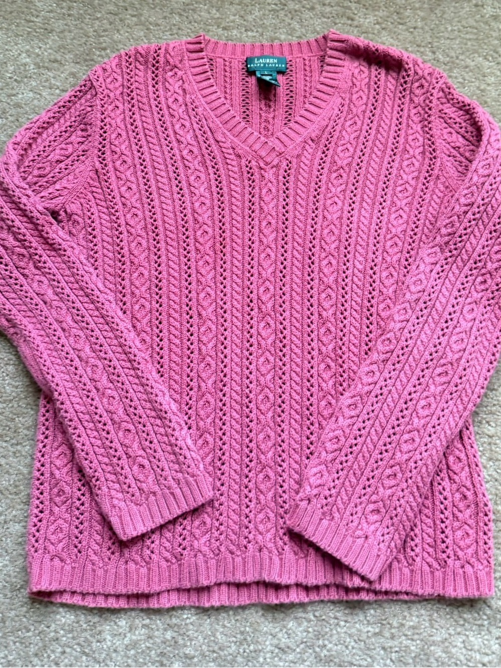 Lauren Ralph Lauren dusty rose Cable V-Neck Sweater cottage core grandma sz L